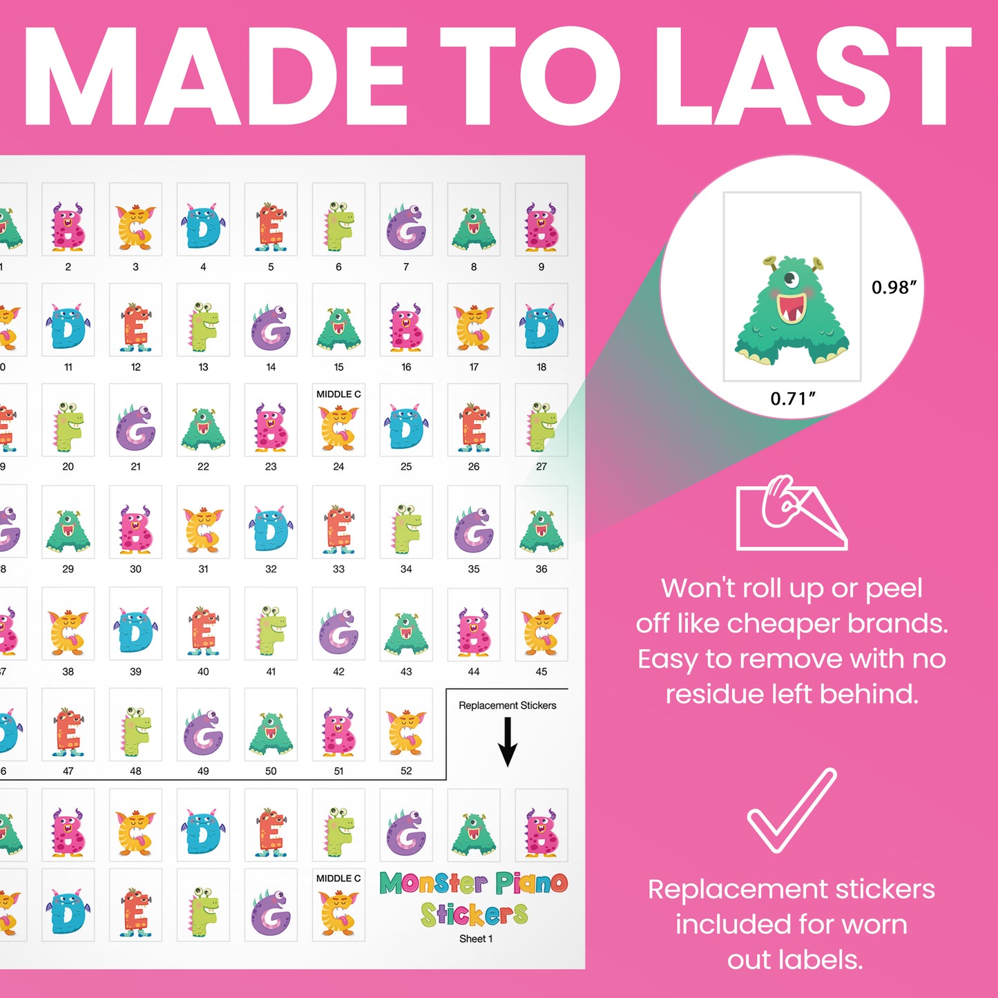 Monster Piano Stickers for Learning Piano or Keyboard | Transparent 88, 76, 61 & 49 Removable Set