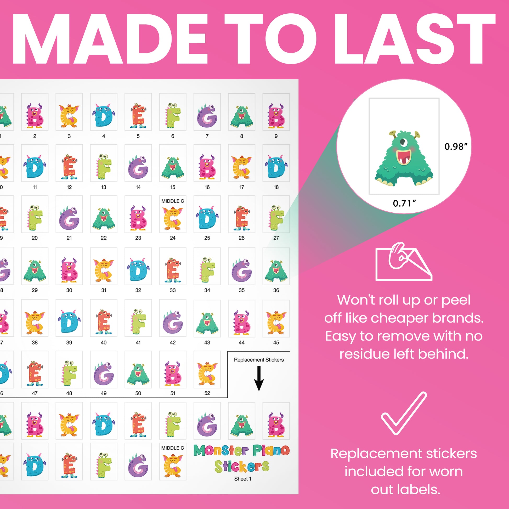Monster Piano Stickers for Learning Piano or Keyboard | Transparent 88, 76, 61 & 49 Removable Set