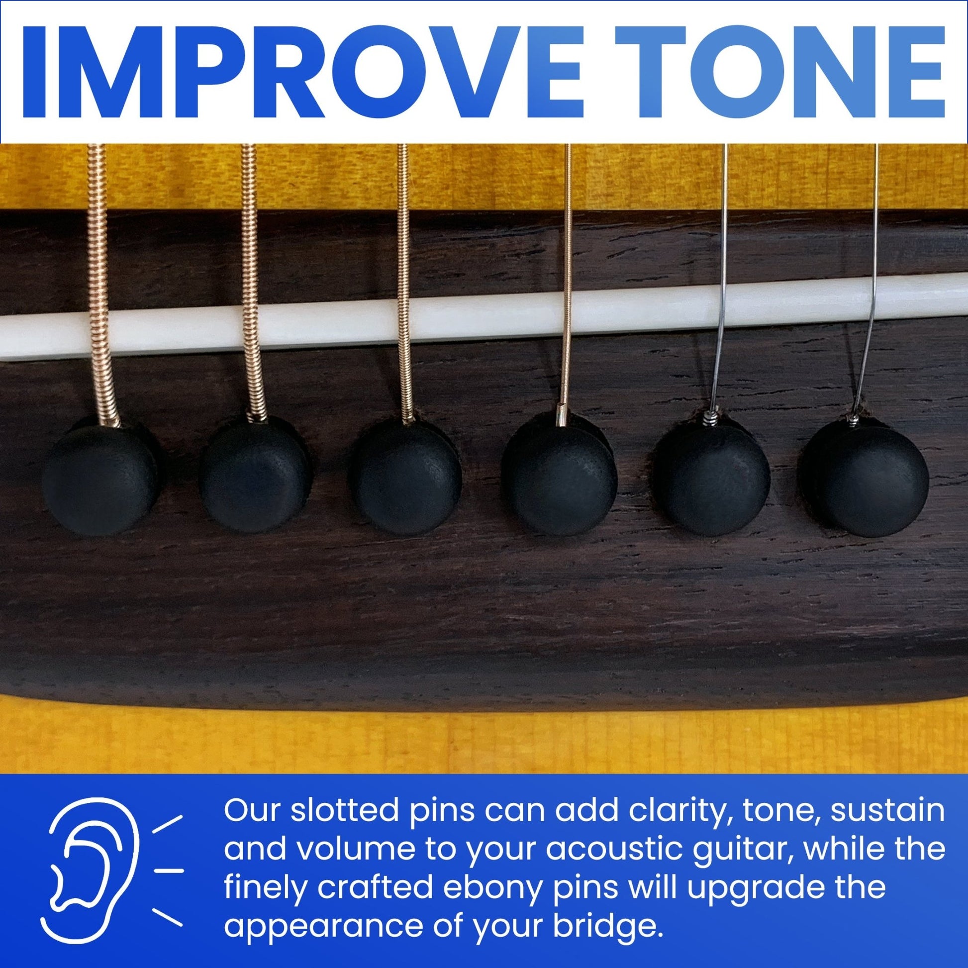 Slotted Pure Ebony Bridge Pins with Black Top for 6 & 12 String Acoustic Guitar