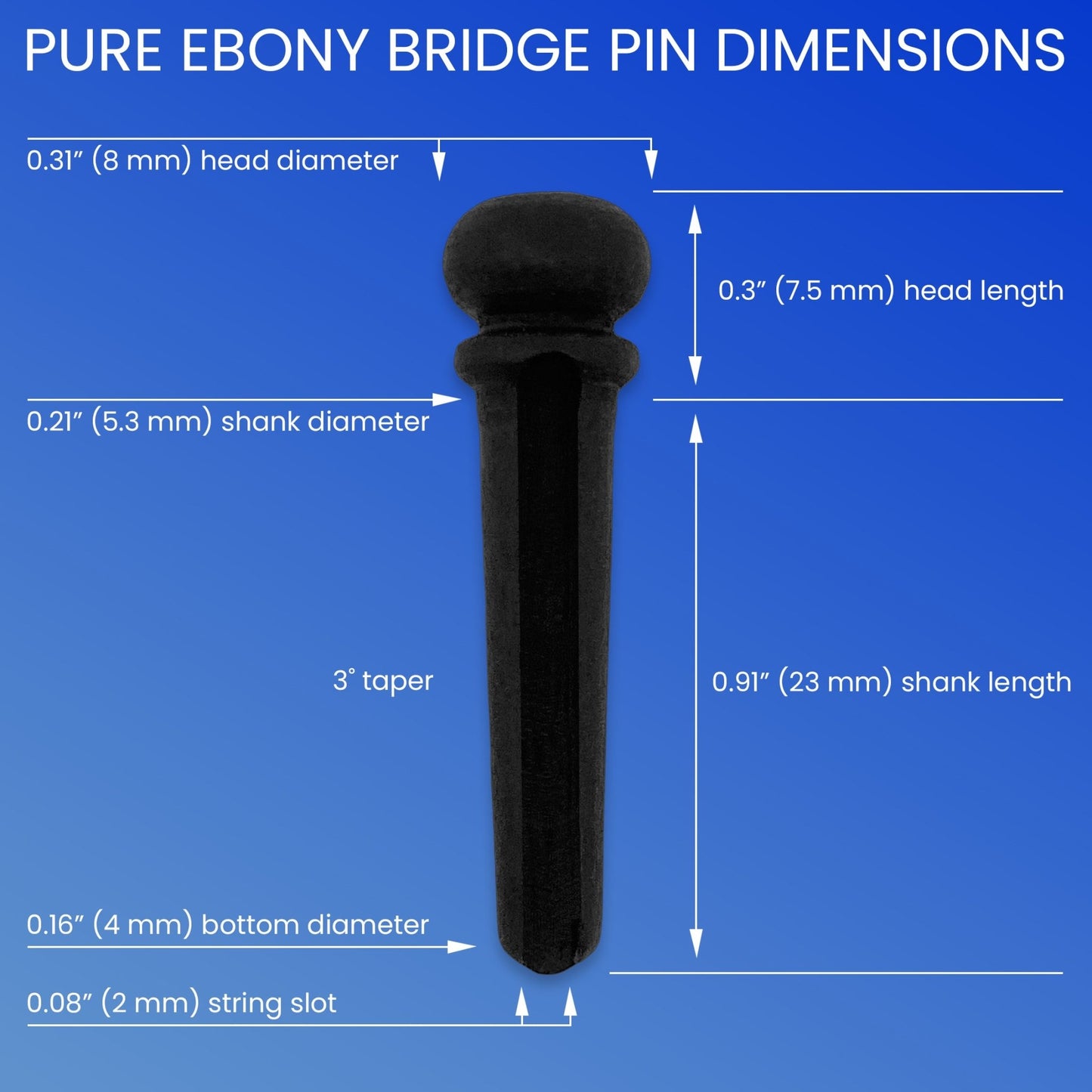 Slotted Pure Ebony Bridge Pins with Black Top for 6 & 12 String Acoustic Guitar