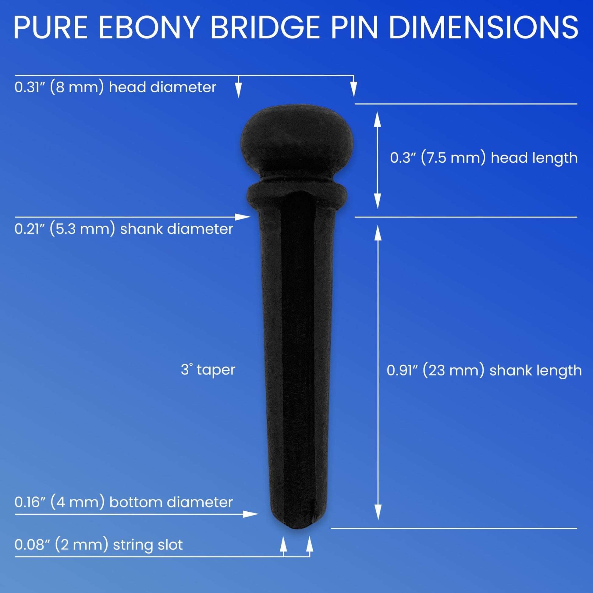 Slotted Pure Ebony Bridge Pins with Black Top for 6 & 12 String Acoustic Guitar