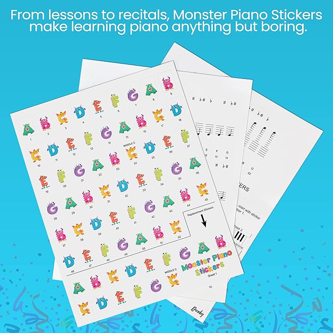 Crosby Monster Piano Stickers for Learning Piano or Keyboard - Transparent 88, 76, 61 & 49 Removable Key Set for Kids & Beginners