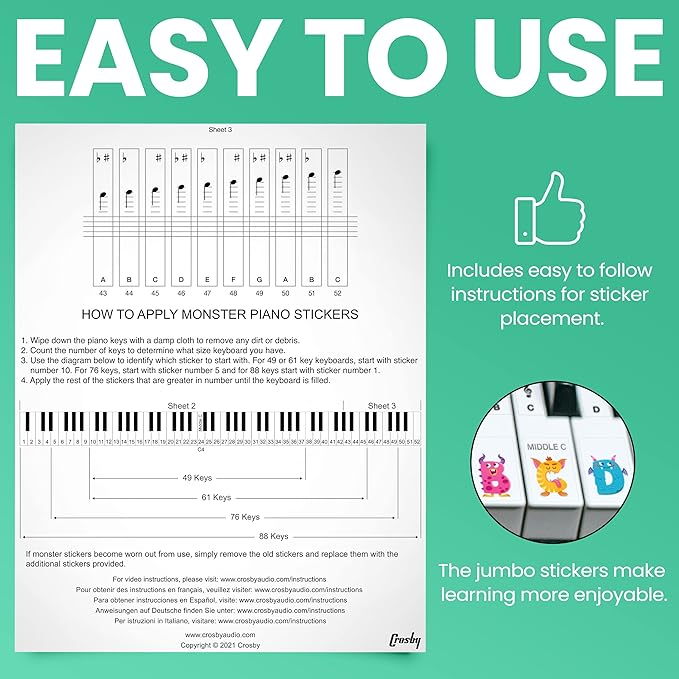 Monster Piano Stickers for Learning Piano or Keyboard | Transparent 88, 76, 61 & 49 Removable Set