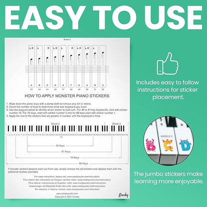 Monster Piano Stickers for Learning Piano or Keyboard | Transparent 88, 76, 61 & 49 Removable Set