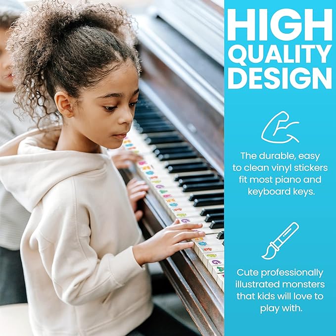 Monster Piano Stickers for Learning Piano or Keyboard | Transparent 88, 76, 61 & 49 Removable Set